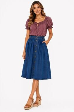 St. Michael 100% Cotton Blue Denim Button Front Elastic Waist A-Line Midi Skirt